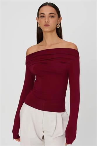 Bordo Kayık Yaka Büzgülü Kadın Bluz MG2050