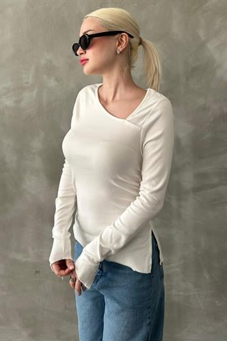 Beyaz Asimetrik Yaka Kadın Body Mg2311