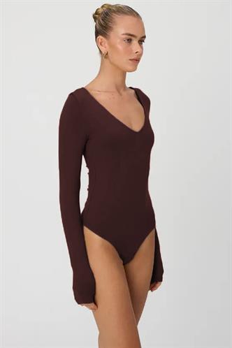 Kahverengi  V Yaka Uzun Kol Esnek Kumaş Bodysuit MG2132