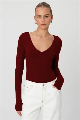 Bordo V Yaka Uzun Kol Esnek Kumaş Bodysuit MG2132