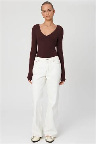 Kahverengi  V Yaka Uzun Kol Esnek Kumaş Bodysuit MG2132