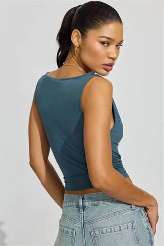 Petrol Mavisi Kısa Kollu Degaje Yaka Kadın Body MG2282