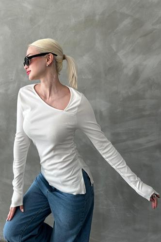 Beyaz Asimetrik Yaka Kadın Body Mg2311
