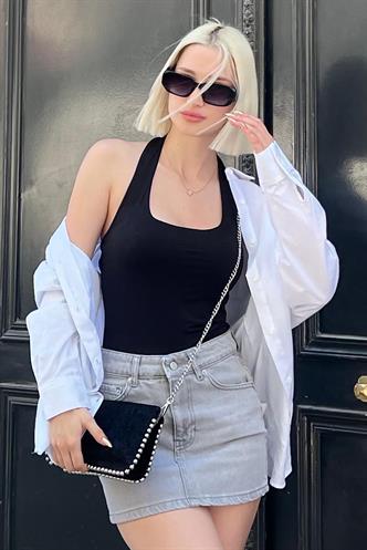 Siyah Halter Yaka Boyun Askılı Crop Body MG2146
