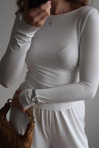 Ekru Kayık Yaka Uzun Kollu Kadın Top Body MG2267