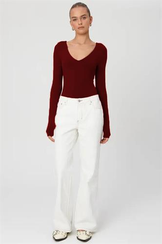 Bordo V Yaka Uzun Kol Esnek Kumaş Bodysuit MG2132
