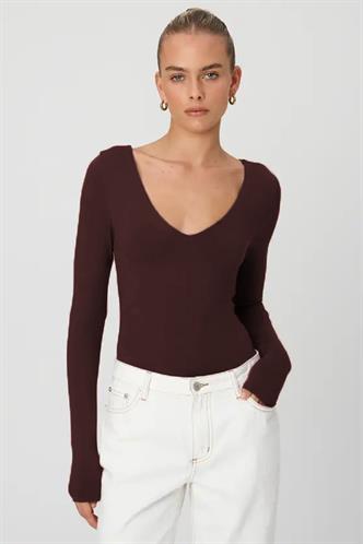 Kahverengi  V Yaka Uzun Kol Esnek Kumaş Bodysuit MG2132