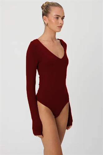 Bordo V Yaka Uzun Kol Esnek Kumaş Bodysuit MG2132