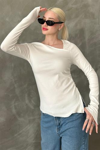Beyaz Asimetrik Yaka Kadın Body Mg2311