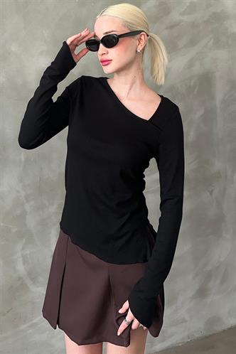 Siyah Asimetrik Yaka Kadın Body Mg2311