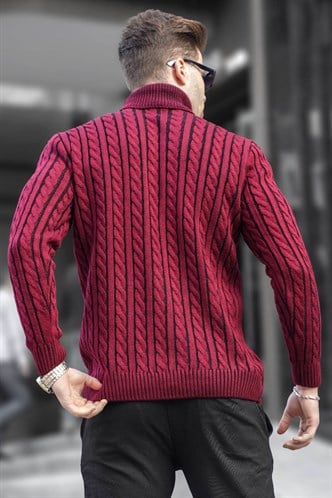Bordo Balıkçı Yaka Örgü Detaylı Kazak 6317