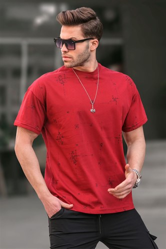 Bordo Bisiklet Yaka Baskılı Erkek Tişört 6093