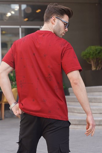 Bordo Bisiklet Yaka Baskılı Erkek Tişört 6093