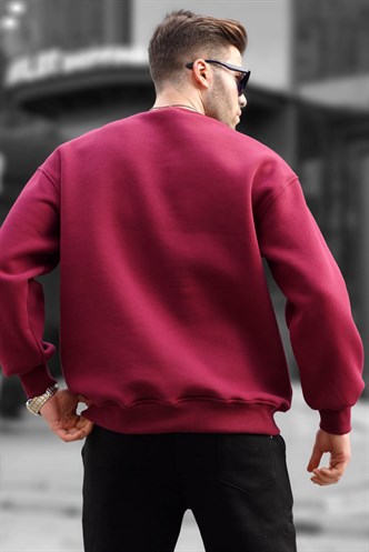 Bordo Bisiklet Yaka Oversize Şardonlu Basic Erkek Sweatshirt 6048