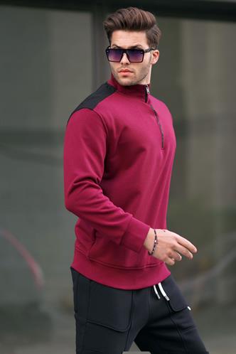 Bordo Fermuar Yaka Basic Erkek Sweatshirt 6157