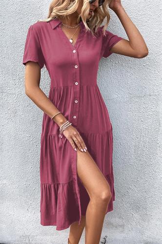 Bordo Gömlek Yaka Uzun Elbise MG1853