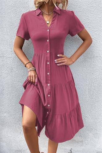 Bordo Gömlek Yaka Uzun Elbise MG1853