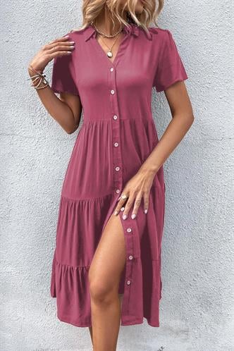 Bordo Gömlek Yaka Uzun Elbise MG1853