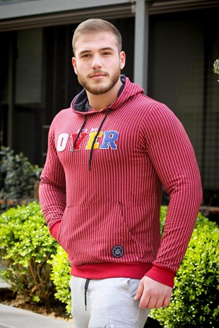 Bordo Kapşonlu Sweatshirt - Çizgili Detaylı 2788