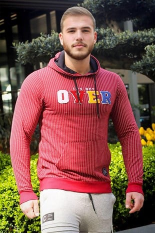 Bordo Kapşonlu Sweatshirt - Çizgili Detaylı 2788