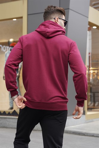 Bordo Kapüşonlu Baskılı Erkek Sweatshirt 6017