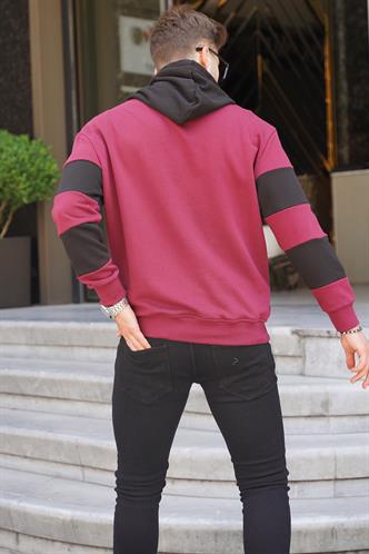 Bordo Kapüşonlu Çizgili Erkek Sweatshirt 6144