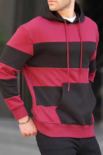 Bordo Kapüşonlu Çizgili Erkek Sweatshirt 6144