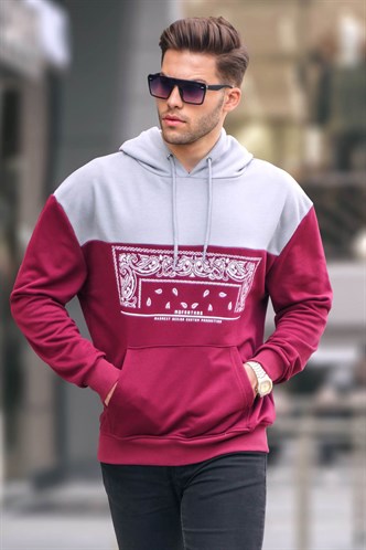 Bordo Kapüşonlu Desenli Sweatshirt 6022