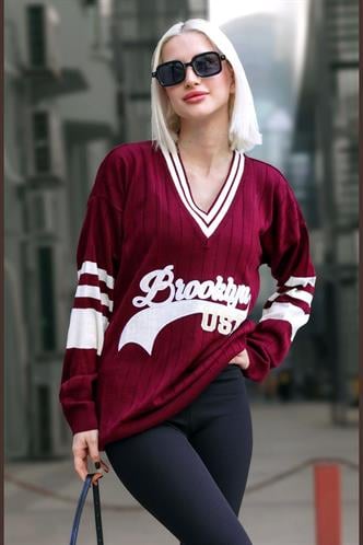 Bordo V Yaka Nakışlı Kadın Kazak MG1279