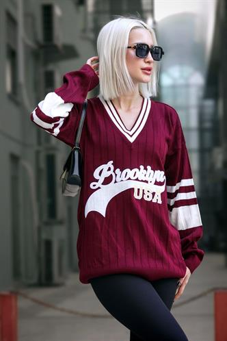Bordo V Yaka Nakışlı Kadın Kazak MG1279