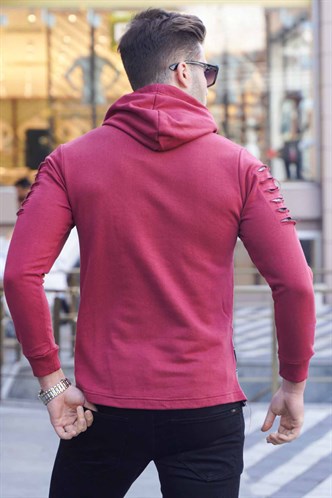 Bordo Yırtık Detaylı Kapüşonlu Sweatshirt 2656