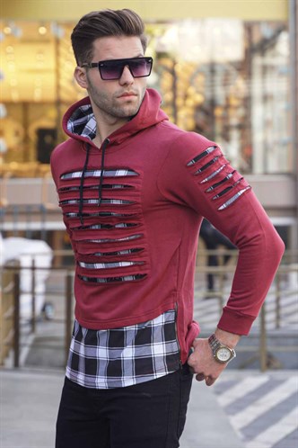 Bordo Yırtık Detaylı Kapüşonlu Sweatshirt 2656
