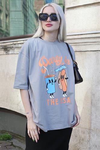 Boyalı Gri Baskılı Bisiklet Yaka Kadın Tişört MG1777