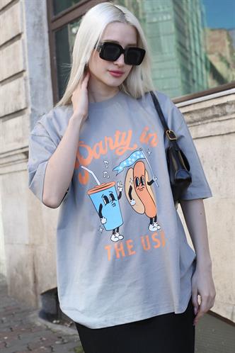 Boyalı Gri Baskılı Bisiklet Yaka Kadın Tişört MG1777