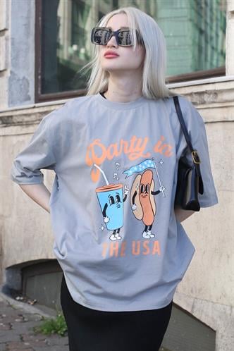 Boyalı Gri Baskılı Bisiklet Yaka Kadın Tişört MG1777