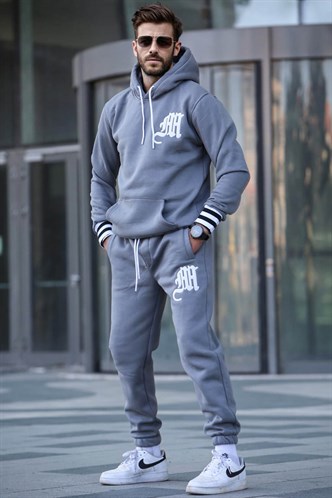 Boyalı Gri Baskılı Kapşonlu Eşofman Takımı 5909