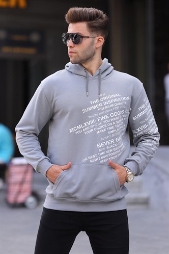Boyalı Gri Baskılı Kapüşonlu Sweatshirt 6009