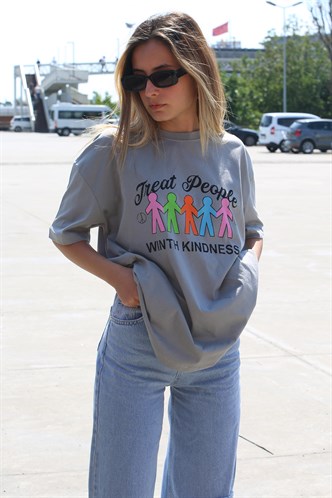 Boyalı Gri Baskılı Oversize Tişört MG1523