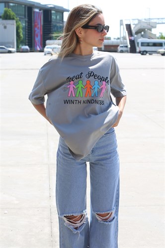 Boyalı Gri Baskılı Oversize Tişört MG1523
