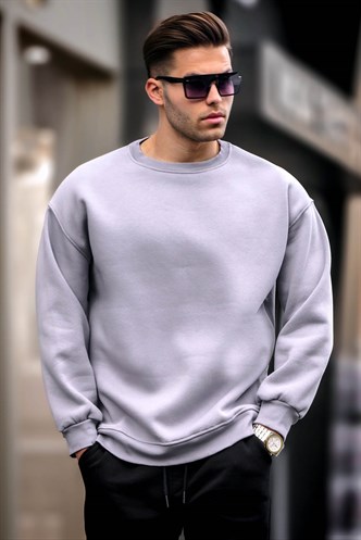 Boyalı Gri Bisiklet Yaka Oversize Şardonlu Basic Erkek Sweatshirt 6048