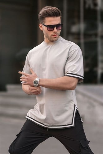 Boyalı Gri Bisiklet Yaka Şeritli Tişört 6097