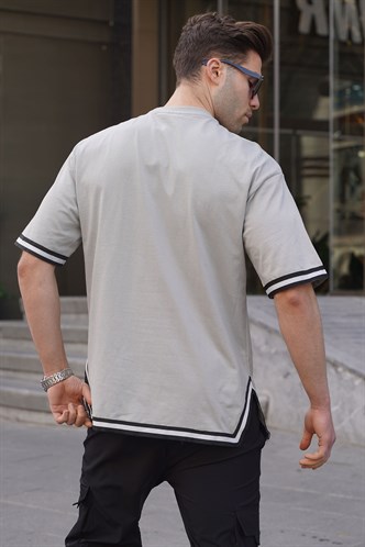 Boyalı Gri Bisiklet Yaka Şeritli Tişört 6097