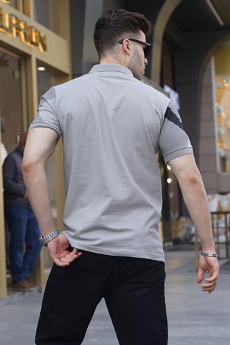 Boyalı Gri Desenli Polo Yaka Erkek Tişört 6081