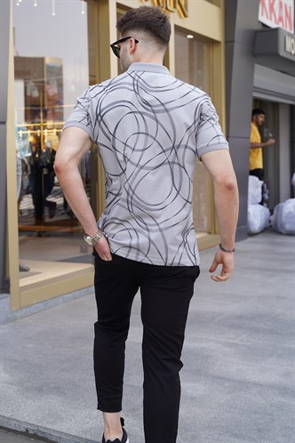 Boyalı Gri Desenli Polo Yaka Tişört 5873