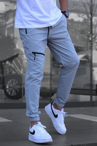 Boyalı Gri Fermuar Detaylı Paraşüt Jogger Pantolon 