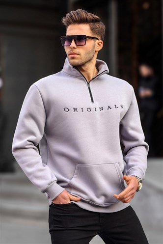 Gray Embroided Zip Neck Sweatshirt 6028