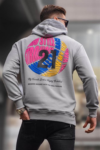 Boyalı Gri Kabartma Baskılı Kapüşonlu Sweatshirt 6042