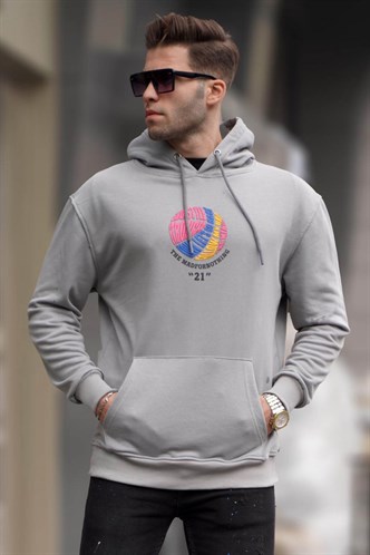 Boyalı Gri Kabartma Baskılı Kapüşonlu Sweatshirt 6042