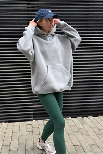 Boyalı Gri Kapüşonlu Şardonlu Oversize Sweatshirt MG1566