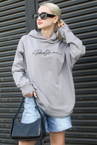 Boyalı Gri Nakışlı Kapüşonlu Kadın Sweatshirt MG1691